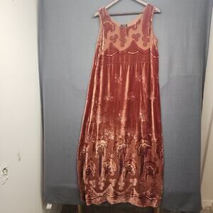 Citron Womens Maxi Dress Medium Rust Orange Velvet Burnout Beaded Hem Silk USA